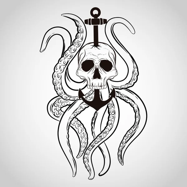 Diseño de camiseta. Cráneo con pulpo y ancla en un estilo de tatuaje. — Archivo Imágenes Vectoriales