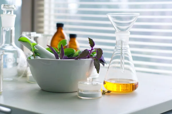 Mortar and pestle with herbs — Stock Photo, Image