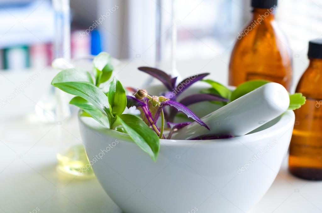 Mortar and pestle with herbs