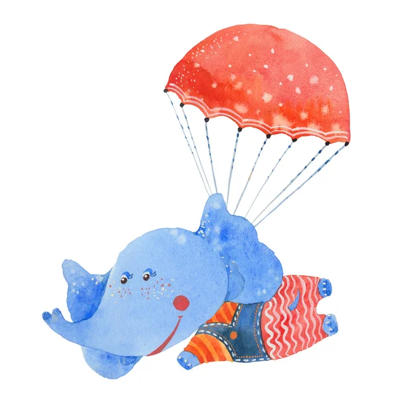 Watercolor elephant with parachute — Stock Photo, Image