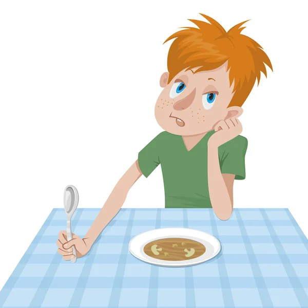 Junge isst an einem Tisch — Stockvektor