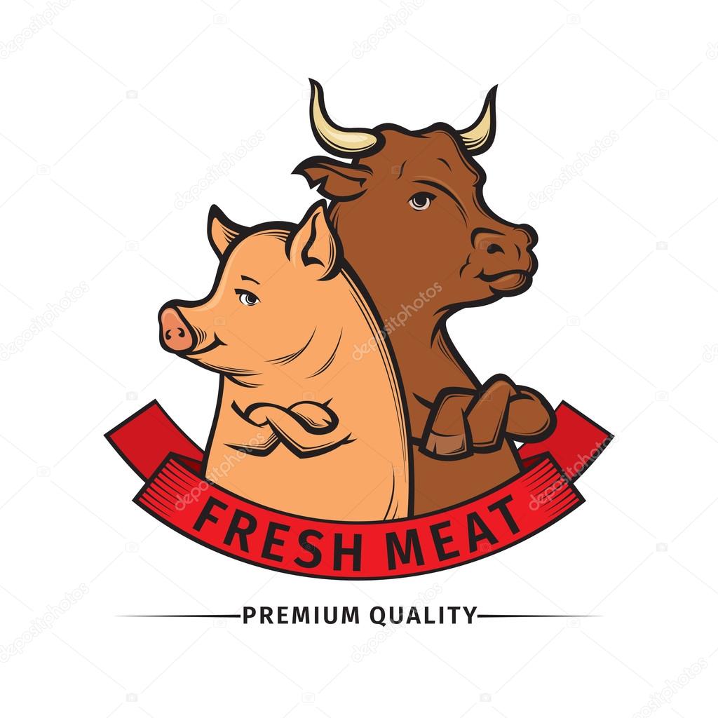 Vector Illustration of butcher shop logo, meat label template with cow and pig
