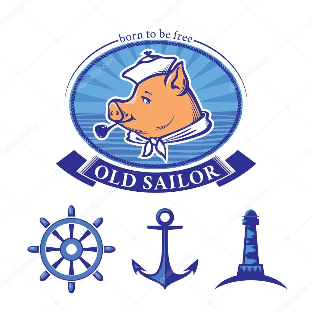 Sailor logo design and set of vintage nautical icons, piglet sailor smoking  pipe