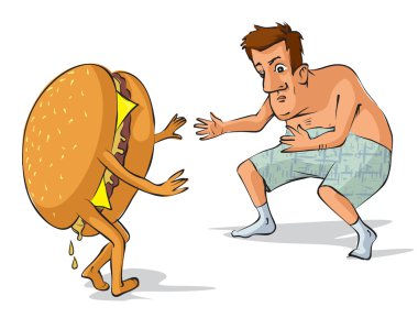 Şişman kötü adam bir hamburger yakalar