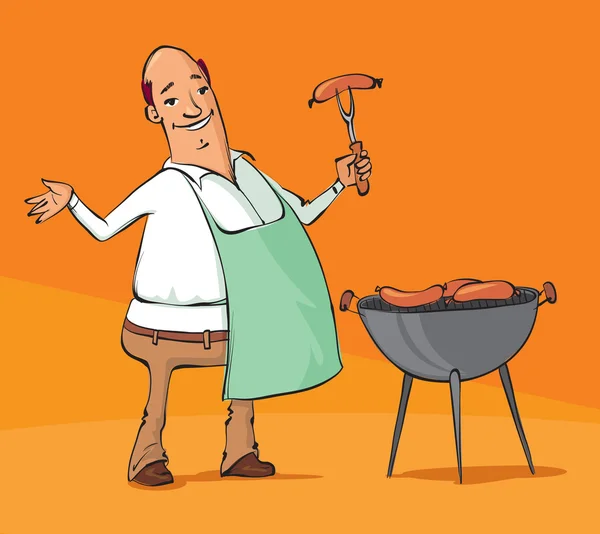 Cartoon man grilling sausages on the BBQ — Stock Vector