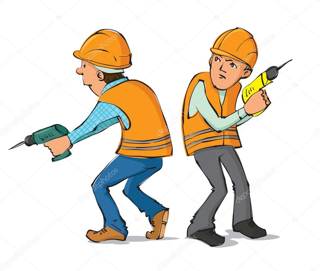 Two builders with drills