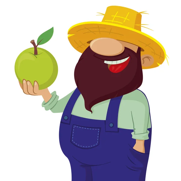 Γενειοφόρος αγρότης που κρατάει ένα πράσινο μήλο — Διανυσματικό Αρχείο