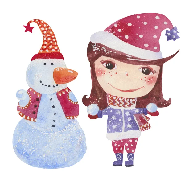 Girl with snowman — Stock Photo, Image