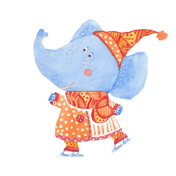 Akwarela ilustracja słonia na łyżwach — Zdjęcie stockowe