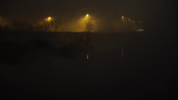 Faros del coche en el camino de niebla oscura por pantano — Vídeo de stock