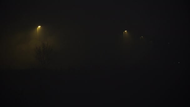 Faróis de veículos solitários que conduzem na densa neblina country road night Islândia — Vídeo de Stock