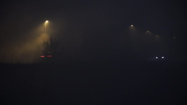 Közlekedési lámpák a sötét ködös országúti éjszakán — Stock videók