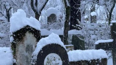 Ağır çekim kar yağışı altında mezar taşları Holavallagardur mezarlığı Reykjavik İzlanda