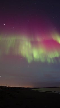 Sahilde parlak kırmızı ve yeşil aurora borealis Grotta İzlanda dikey