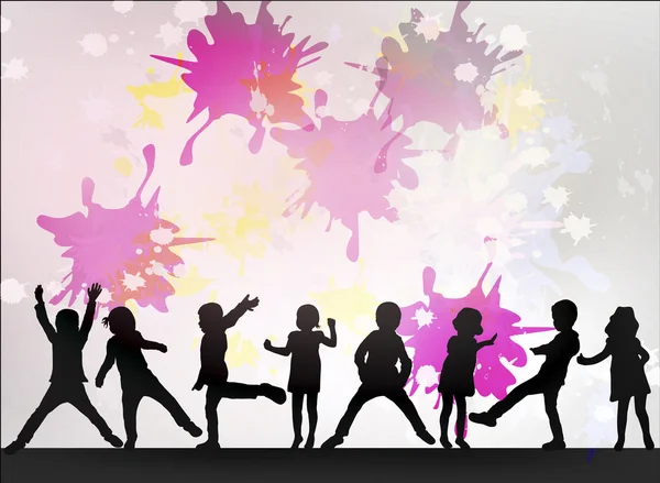 Dans eden çocuklar silhouettes — Stok Vektör