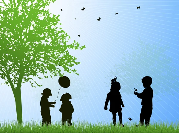 Happy children silhouettes outdoors — Stock Vector