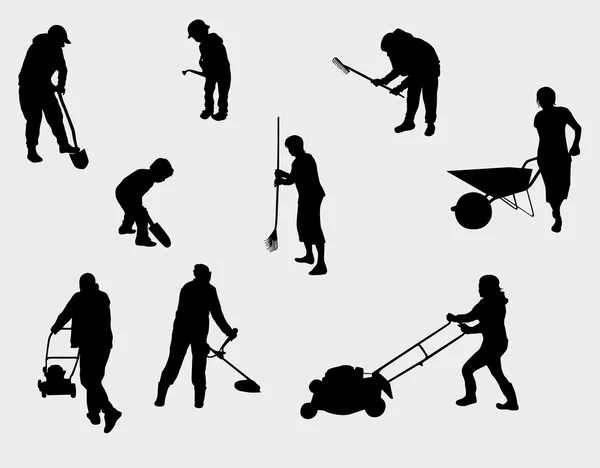 Personnes travaillant à l'extérieur silhouettes — Image vectorielle