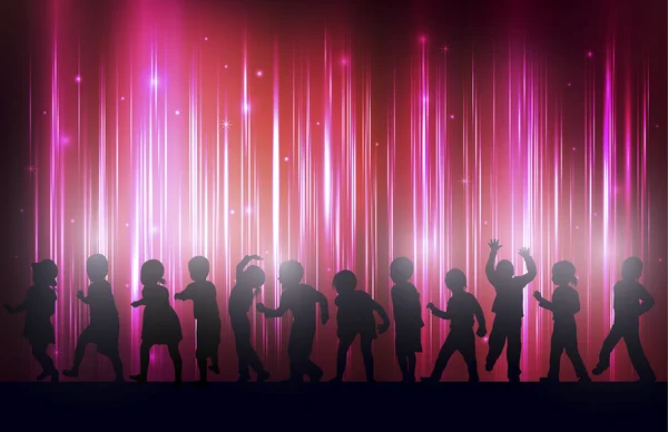 Children silhouettes dancing together — Stock Vector