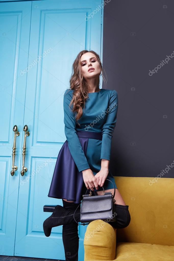 Beautiful Woman Lady Spring Autumn Collection Glamor Model Fashion Clothes  Wear Office Style For Date Dress Pretty Casual Business Uniform Dress Pretty  Face With A Cup Of Coffee In A Cafe Stock