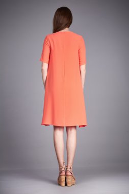 Catalog of fashion clothes for business woman mom casual office style meeting walk party silk cotton dress summer collection accessory shoes beautiful model long brunette hair natural make up  back