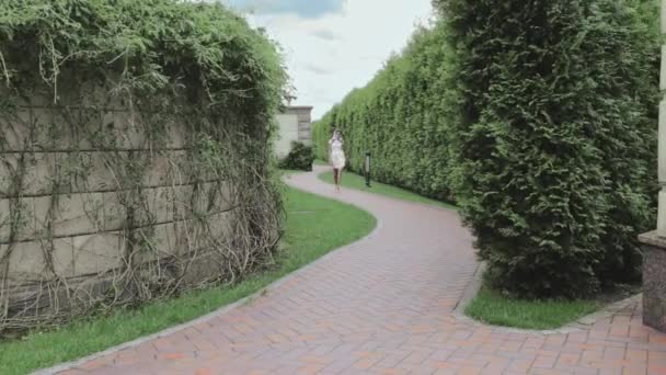 セクシーな金髪美人メイク パーティー徒歩グラマー ファッション服シルク ショール アクセサリー バッグ良い夏天気公園屋外の緑の木通りキャットウォーク迷路迷路のスタイリッシュなショート ドレスを着用します。 — ストック動画