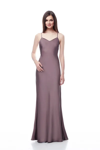 Beautiful fashion model wear silk long dress for party date — Stock Photo, Image