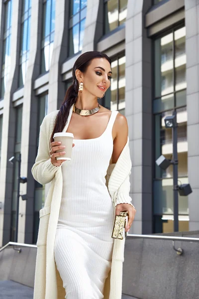 Sexy glamour woman wear white fashion style dress bag — Stock Photo, Image