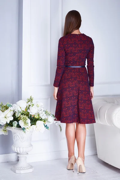 Schönheit sexy Frau Kleidung Katalog stilvolle Mode rotes Kleid — Stockfoto