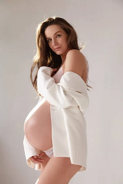 Beautiful Sexy Brunette Woman Pregnant Belly Lady Nine Month Happy — Stock Photo, Image