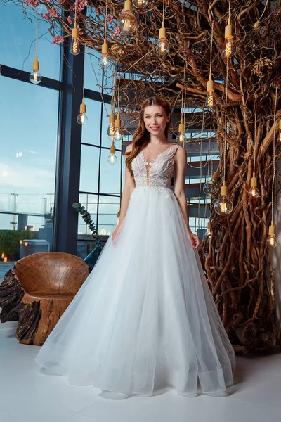 Bella Donna Sposa Modello Moda Bruna Capelli Trucco Luminoso Bella — Foto Stock