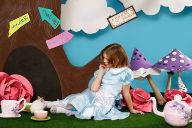 Beautiful little girl long hear blue dress with rabbit clipart
