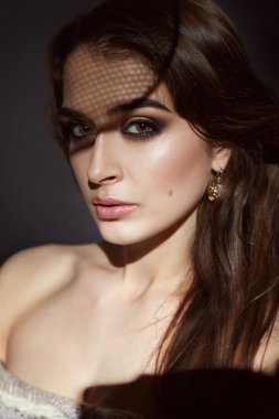 Beautiful sexy brunette woman evening make-up beauty portrait clipart