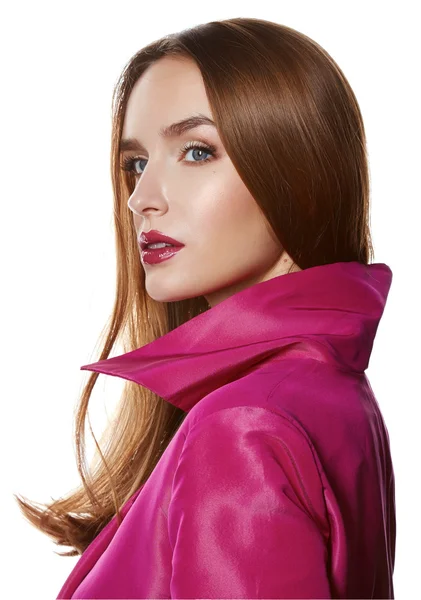 Schoonheid sexy vrouw make-up lippen glam roze mantel — Stockfoto