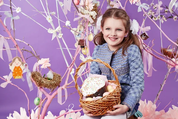 Little girl with basket eggs Easter bunny smile — Stock Photo, Image