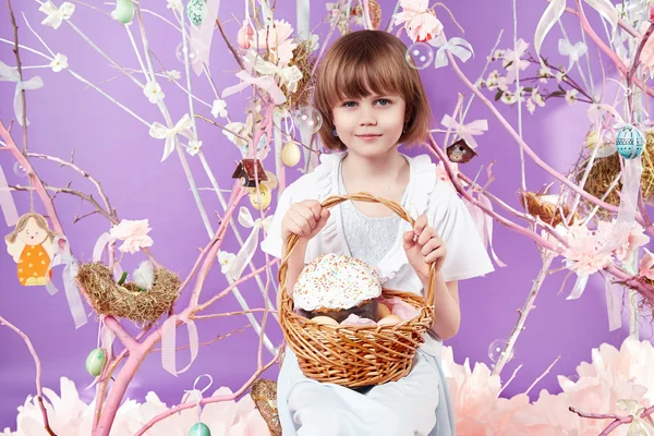 Little girl with basket eggs Easter bunny smile — Stock Photo, Image