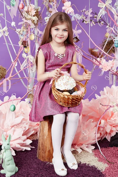 Little girl with basket eggs Easter bunny smile — Stock Photo, Image