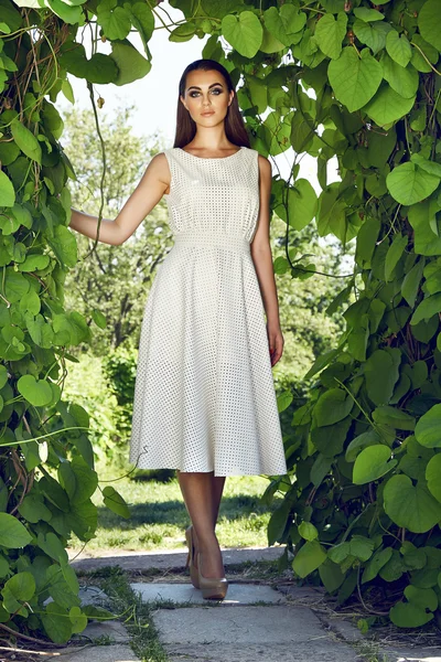 Mulher sexy bonita vestindo vestido andar parque sol brilhar maquiagem — Fotografia de Stock