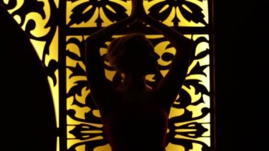 Bir spor fiziği ince rakam ile güzel genç seksi sarışın kız sinsi takım yoga egzersizleri fitness yapıyor pilates mükemmel vücut şekli hamle rahatlatır