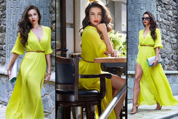 Beautiful sexy brunette girl dark hair evening makeup red lipstick long silk dress perfect shape tanned body, accessories jewelry watches handbag walking down the street, going to a meeting or a party — Φωτογραφία Αρχείου