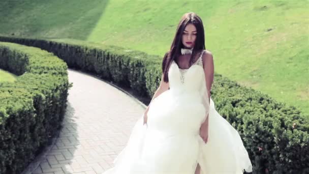 Hermosa mujer joven sexy novia morena en un vestido de novia blanco de lujo la naturaleza Castillo de la felicidad de verano espera al novio antes de la ceremonia de la boda — Vídeo de stock