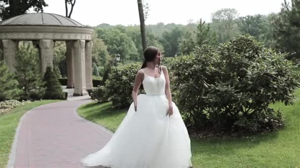 Beautiful young woman sexy brunette bride in a luxury white wedding dress the nature Castle Summer happiness awaits the groom before the wedding ceremony — Stock Video