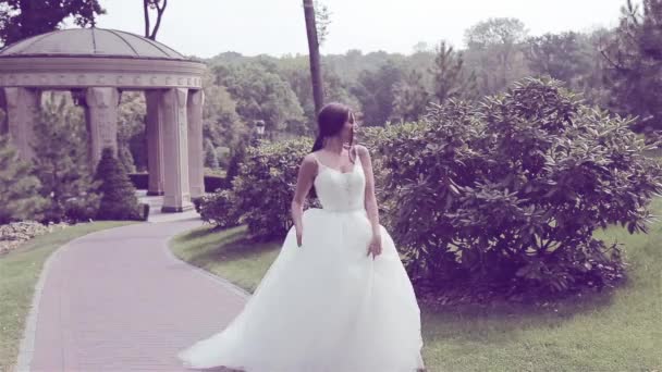 Красивая молодая женщина сексуальная брюнетка невеста в роскошном белом свадебном платье природа Замок Летнее счастье ждет жениха перед свадебной церемонией — стоковое видео