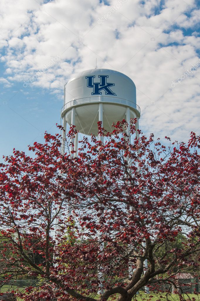 LEXINGTON, KENTUCKY: May 5, 2016. The University of Kentucky logo on a water tower in the Botanical Gardens space next to campus