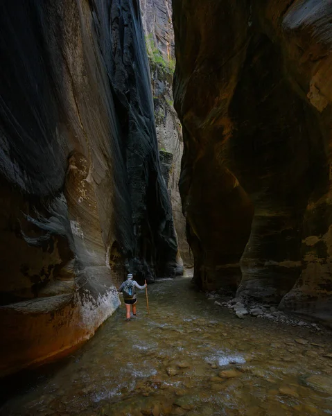 Frau Wandert Engen Slot Canyon Zion — Stockfoto