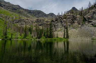 Buzul Ulusal Parkı 'nda Snyder Gölü' nün arkasındaki dağlar