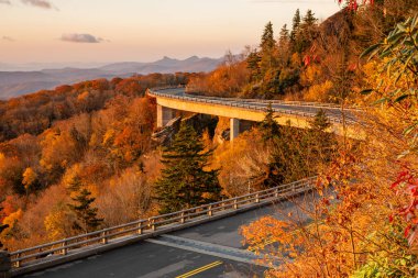 Blue Ridge Parkway 'deki Linn Cove Viaduct üzerinde Kahverengi ve Turuncu Sonbahar Gündoğumu