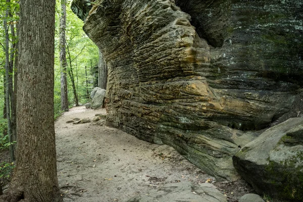 Sandy Trail Podąża Konturem Wiszącej Ściany Skalnej Parku Narodowym Cuyahoga — Zdjęcie stockowe