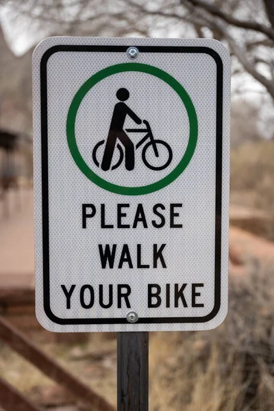 Please Walk Your Bike Sign Trail Zion National Park — Stock Photo, Image