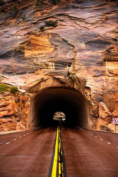 Red Road Leads Tunnel Rock Zion National Park — Stock Photo, Image