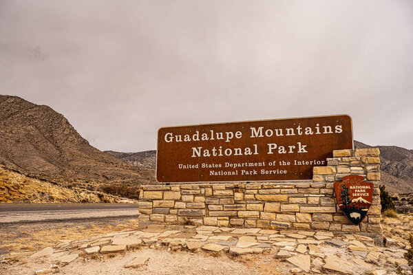 Guadalupe Mountains National Park, United States: January 29, 2021: Guadalupe Mountains National Park Sign at entrance to park
